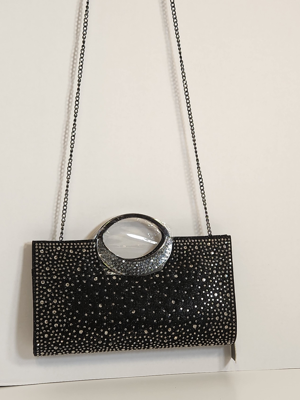 Black Crystal Embellished Evening Clutch with Clear Oval Accent